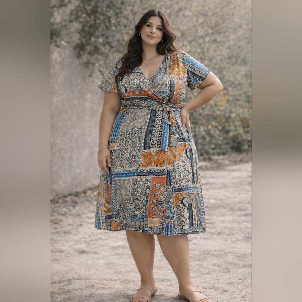 Mille Gabrielle 3X Faux Wrap Midi Dress Patchwork Paisley Short Sleeve Colorful